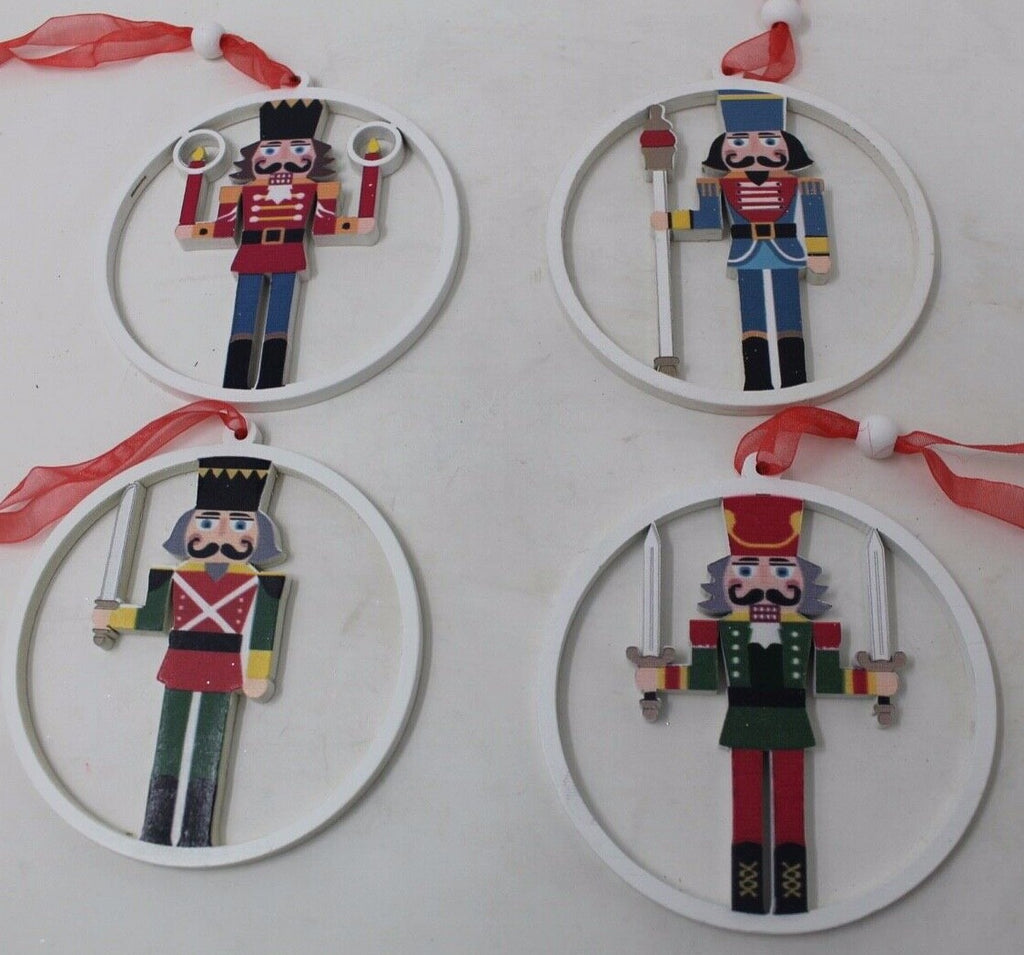 4 x Wooden Nutcracker Christmas Tree Decorations Ornaments With Hangers 9cm Dia