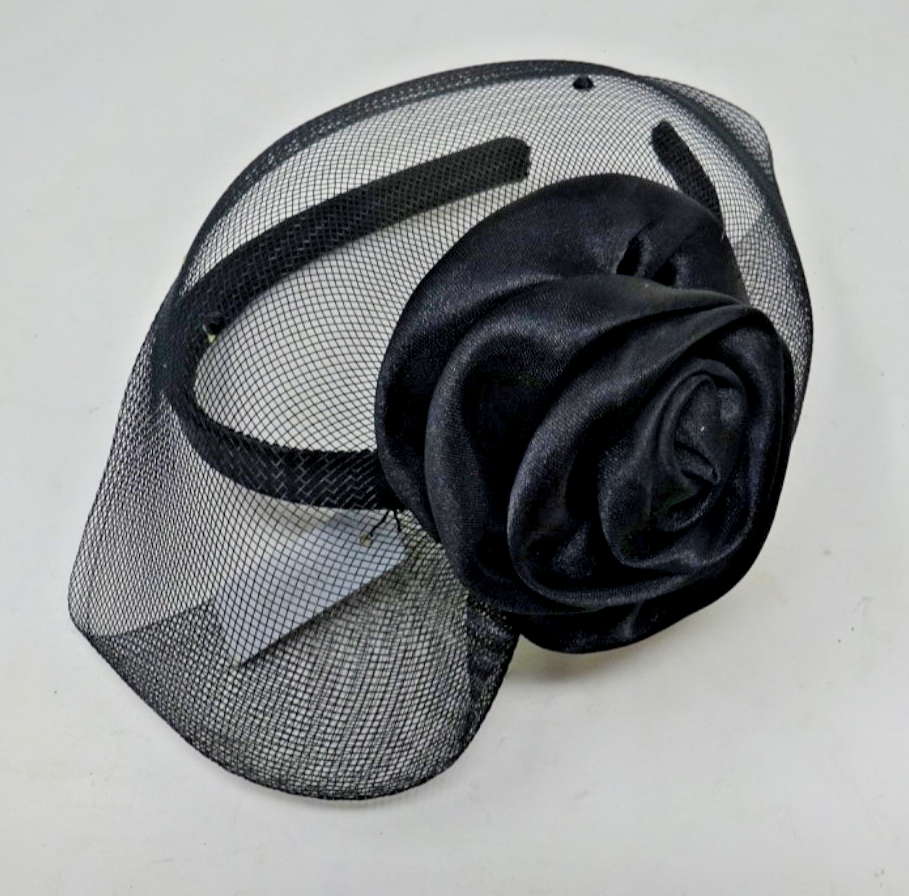 Black Hair Fascinator on Plastic Aliceband Headband Fabric Flower & Spotted Net