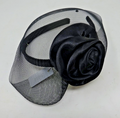 Black Hair Fascinator on Plastic Aliceband Headband Fabric Flower & Spotted Net