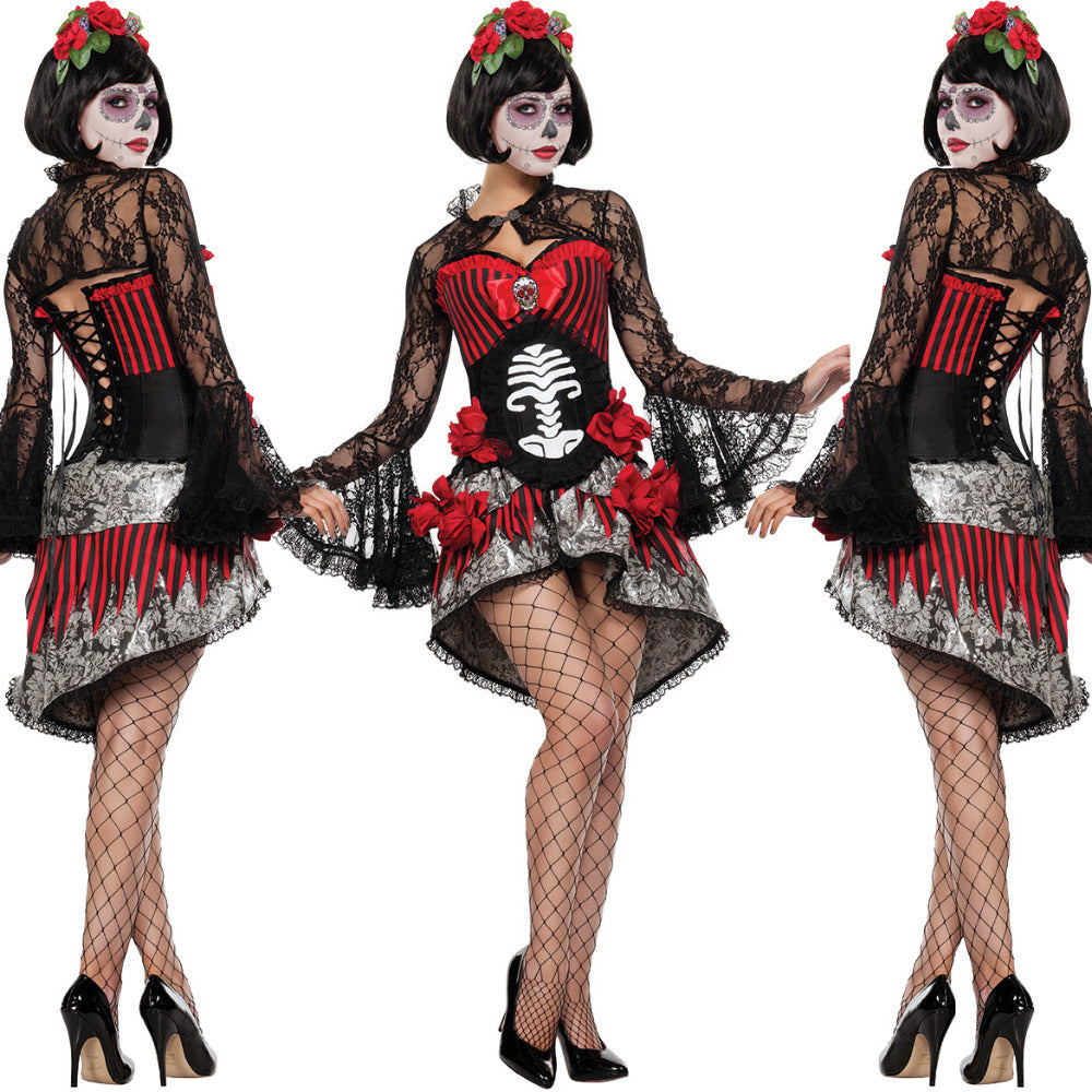 4 Piece Day Of The Dead Halloween Costume Size 10 Headband Bodice Skirt Bolero