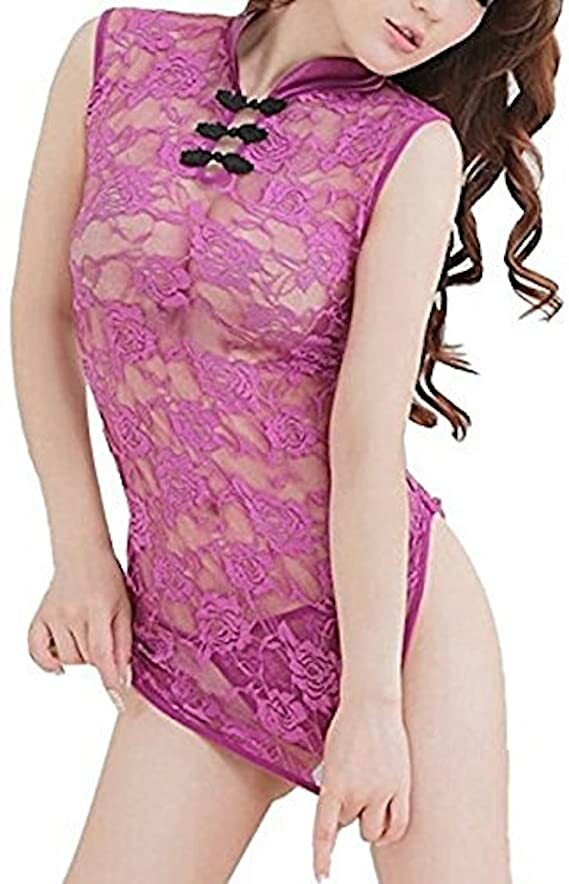 Ladies Purple Lace See-Through Kimono Babydoll Negligee Nightdress & Thong 8-10