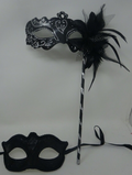COUPLES SILVER & BLACK VENETIAN MASQUERADE PARTY CARNIVAL EYE BALL MASK ON STICK