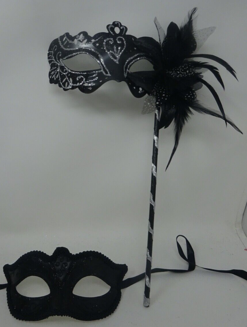 COUPLES SILVER & BLACK VENETIAN MASQUERADE PARTY CARNIVAL EYE BALL MASK ON STICK