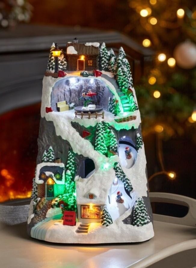 Large LED Musical Christmas Animated Winter Snow Mountain Ski Scene 30 x 20cm