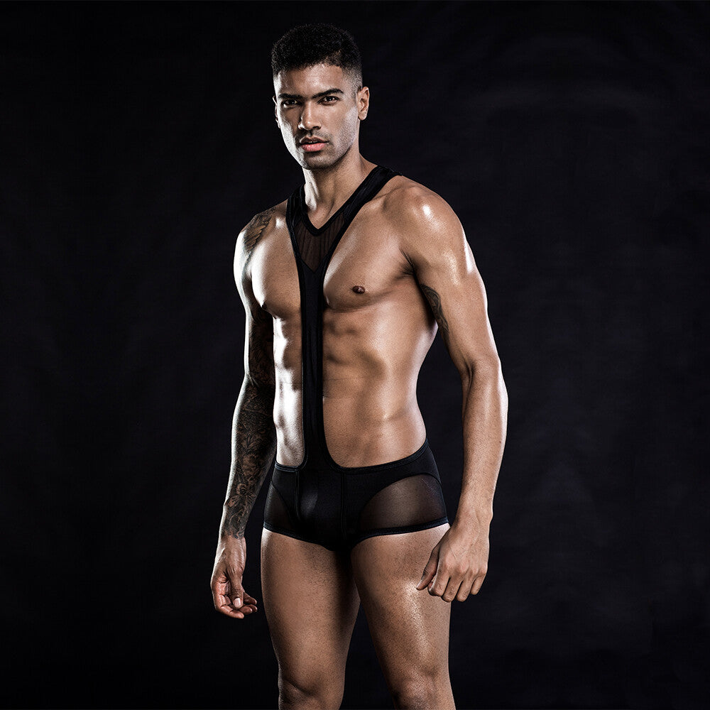 Mens Sexy Mesh Black Uniform Costume Outfit Elasticated Bodysuit One Size M/L