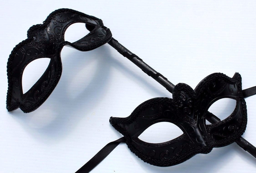 HIS N HERS TWO BLACK VENETIAN MASQUERADE PARTY EYE MASKS LADIES MASK ON STICK