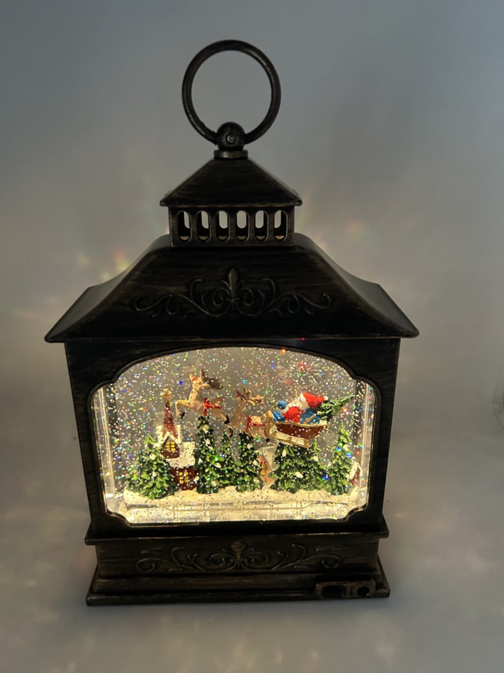 Christmas LED Water Spinner Glitter Snow Globe Lantern Santa & Sleigh 29cm Timer