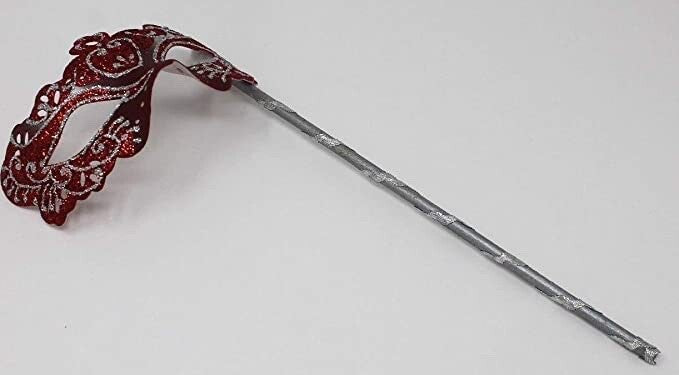 RED & SILVER RIALTO VENETIAN MASQUERADE PARTY CARNIVAL BALL ON A HAND HELD STICK