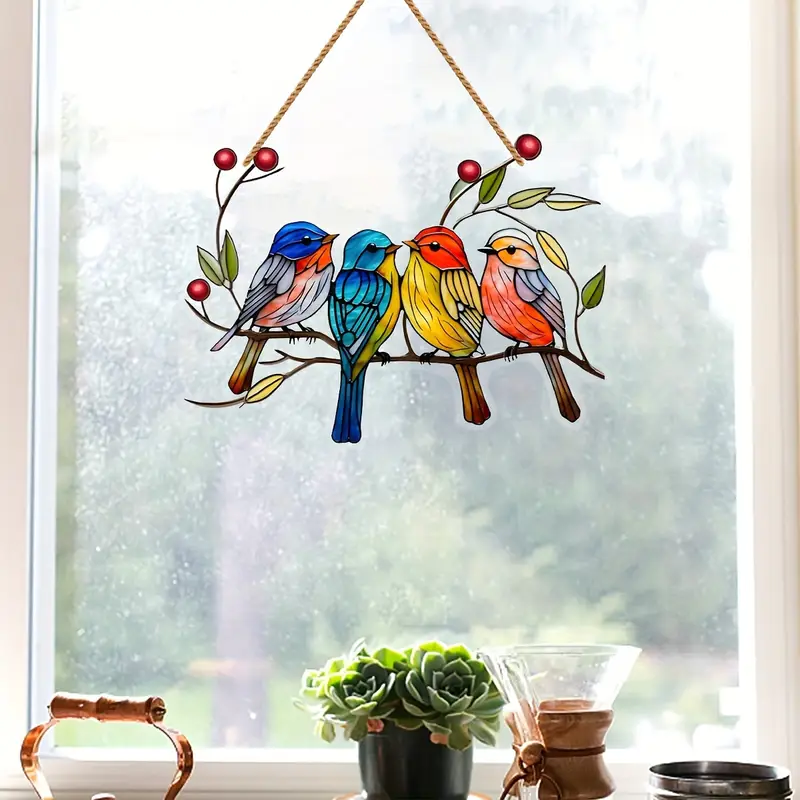 Acrylic Hanging Garden Suncatcher Birds on a Branch 15cm wide on a Hessian Rope