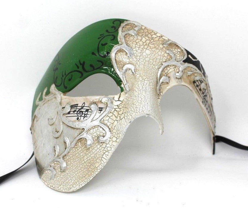 QUALITY GREEN & SILVER HALF FACE PHANTOM MUSICAL NOTES MASQUERADE MASK
