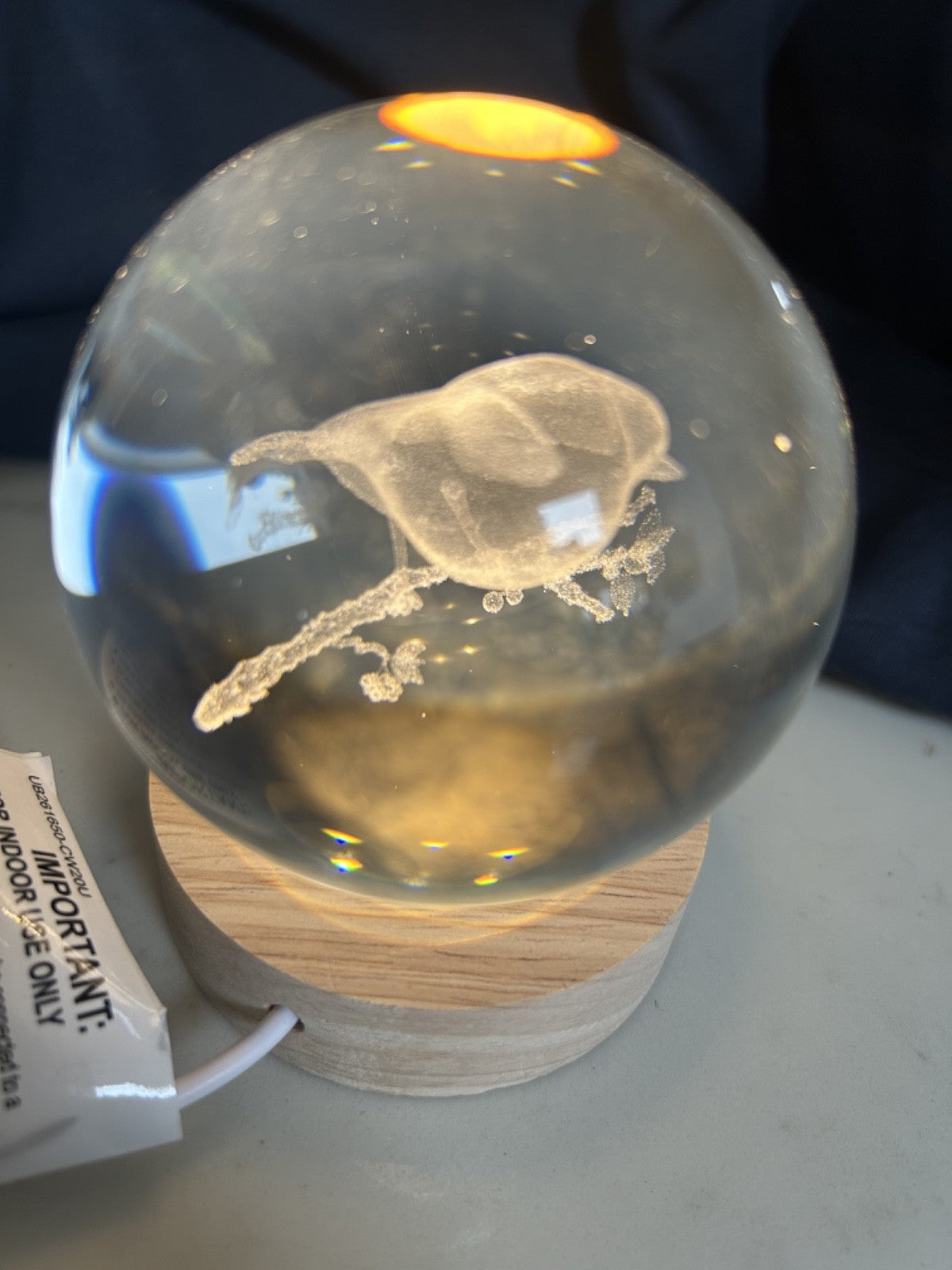 Christmas Festive Robin on a Branch 3D Etched LED Light up Globe 10cm Wood Base