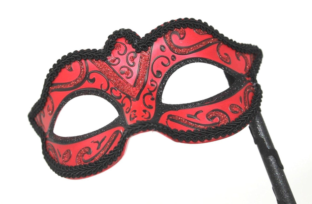 STUNNING BLACK & RED VENETIAN MASQUERADE PARTY BALL CARNIVAL MASK ON A STICK