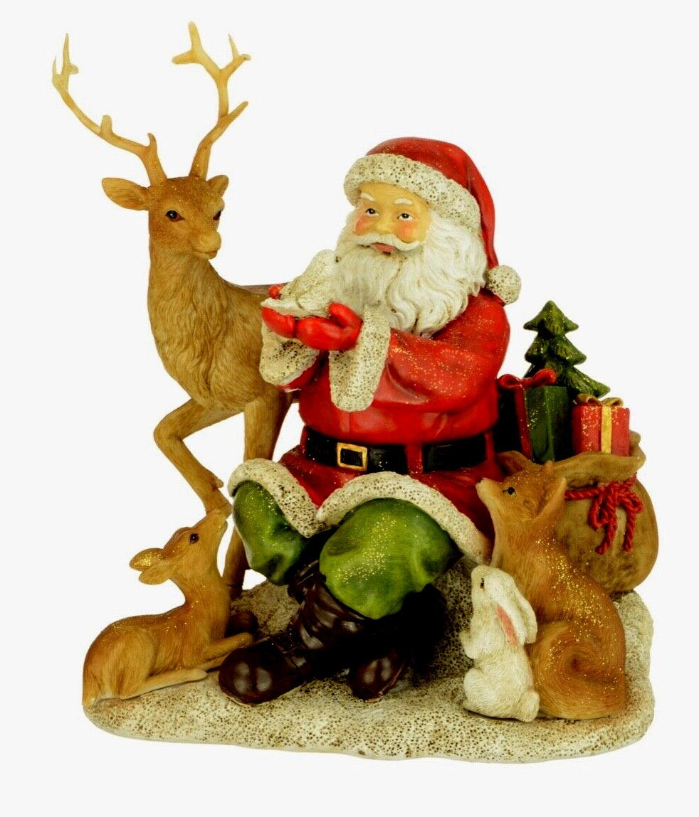 Santa with Stag Fox Rabbit Robin Woodland Animals Figurine Ornament 18cm Tall