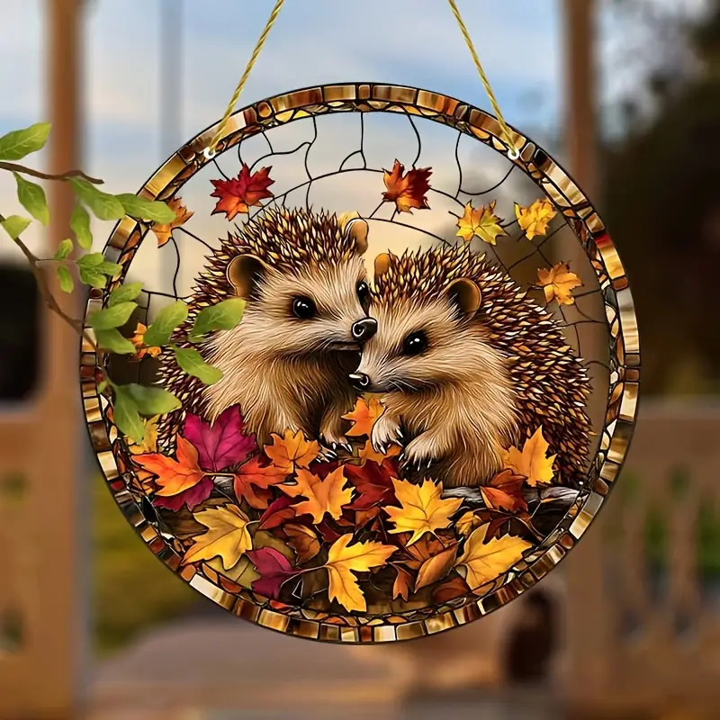 Acrylic Hanging Garden Suncatcher Baby Hedgehogs 20cm Tall on a Yellow Cord