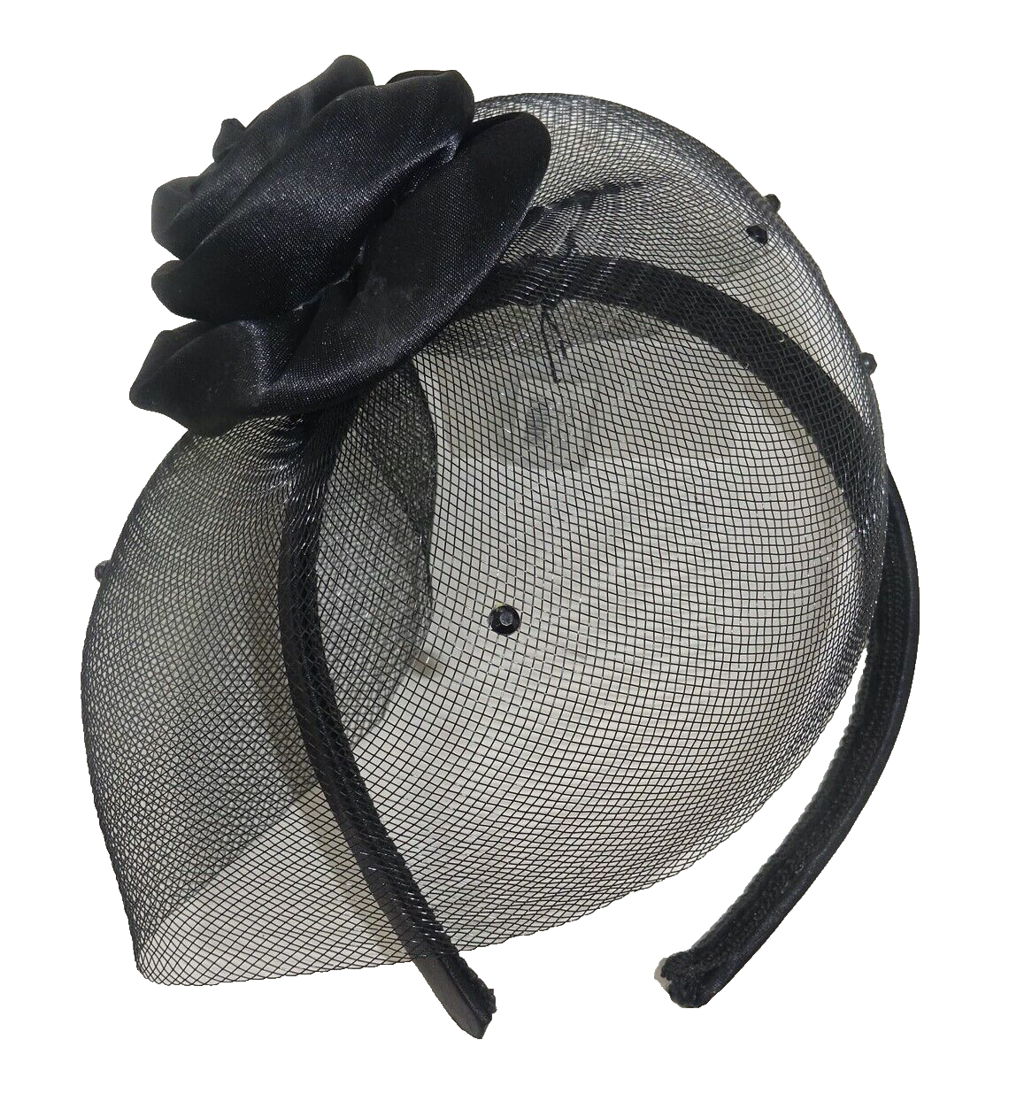 Hair Hatinator Fascinator Stiffened Beaded Polka Dot Net Fabric with Satin Rose