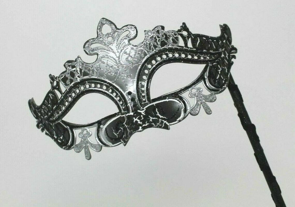 SILVER & BLACK RIALTO VENETIAN CARNIVAL MASQUERADE PARTY EYE BALL MASK HAND HELD
