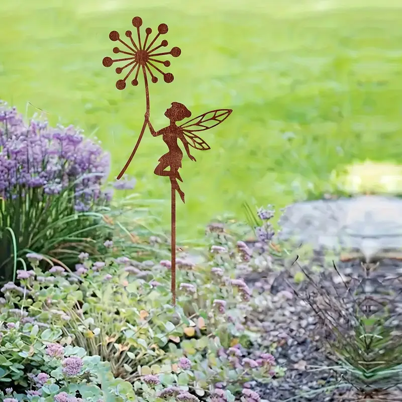 Rusty Patina Core-ten Metal Fairy with Flowerhead 30cm Tall Garden Decoration