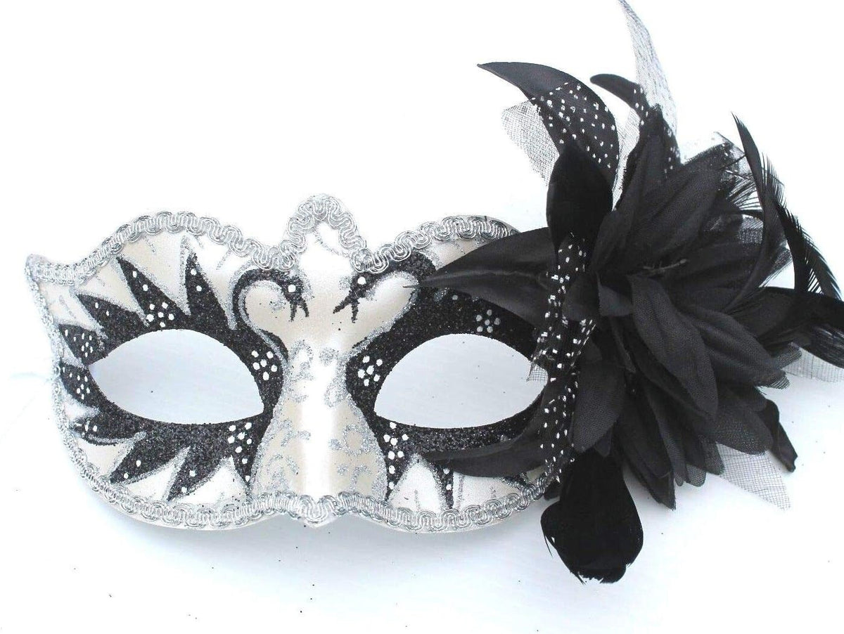 BLACK SILVER WHITE VENETIAN MASQUERADE CARNIVAL BALL SWAN EYE MASK WITH FLOWER