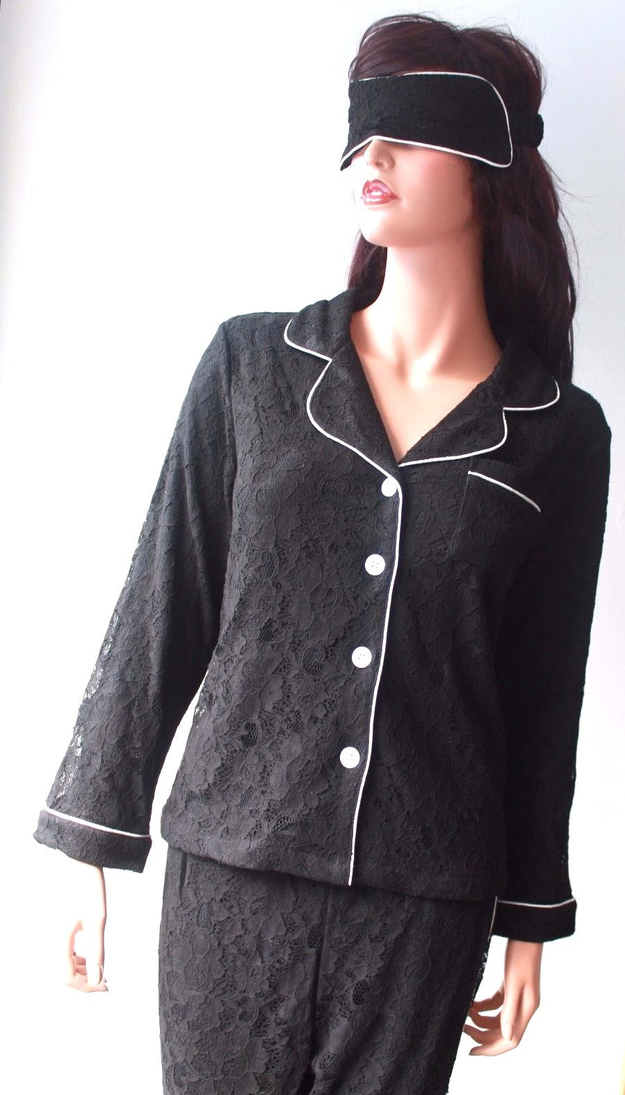 Ladies Black Lace Lined Ladies Pyjamas Longe Pants Size 8-10 with Sleep Mask