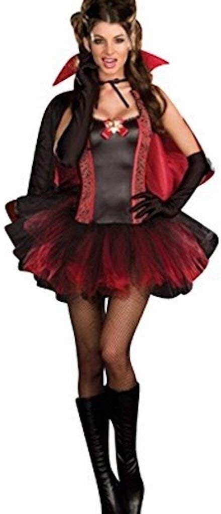 Ladies 5 Pce Witch Halloween Devil Costume Tutu Dress Collar Cape Gloves & Thong