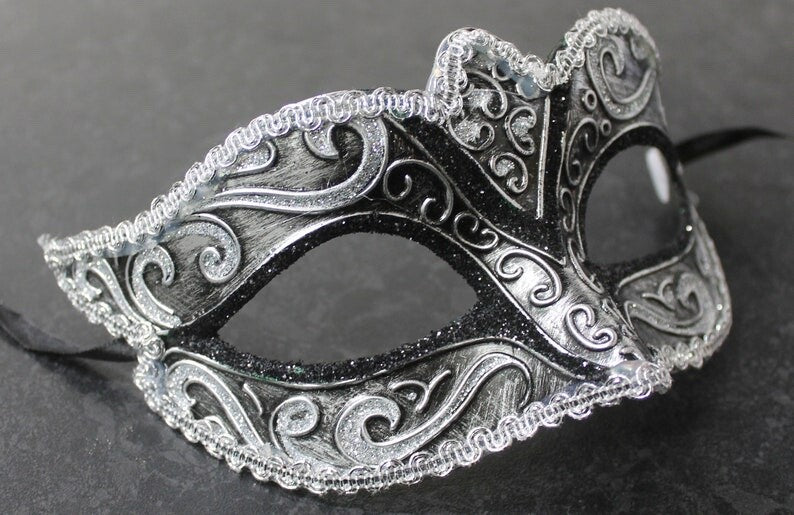 SPARKLING BLACK & SILVER BRAID VENETIAN MASQUERADE PARTY CARNIVAL BALL EYE MASK