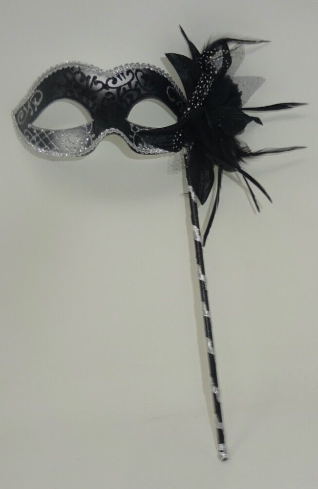BLACK & SILVER FLOWER VENETIAN MASQUERADE PARTY CARNIVAL BALL MASK ON A STICK