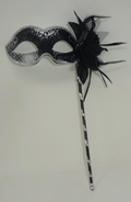 BLACK & SILVER FLOWER VENETIAN MASQUERADE PARTY CARNIVAL BALL MASK ON A STICK