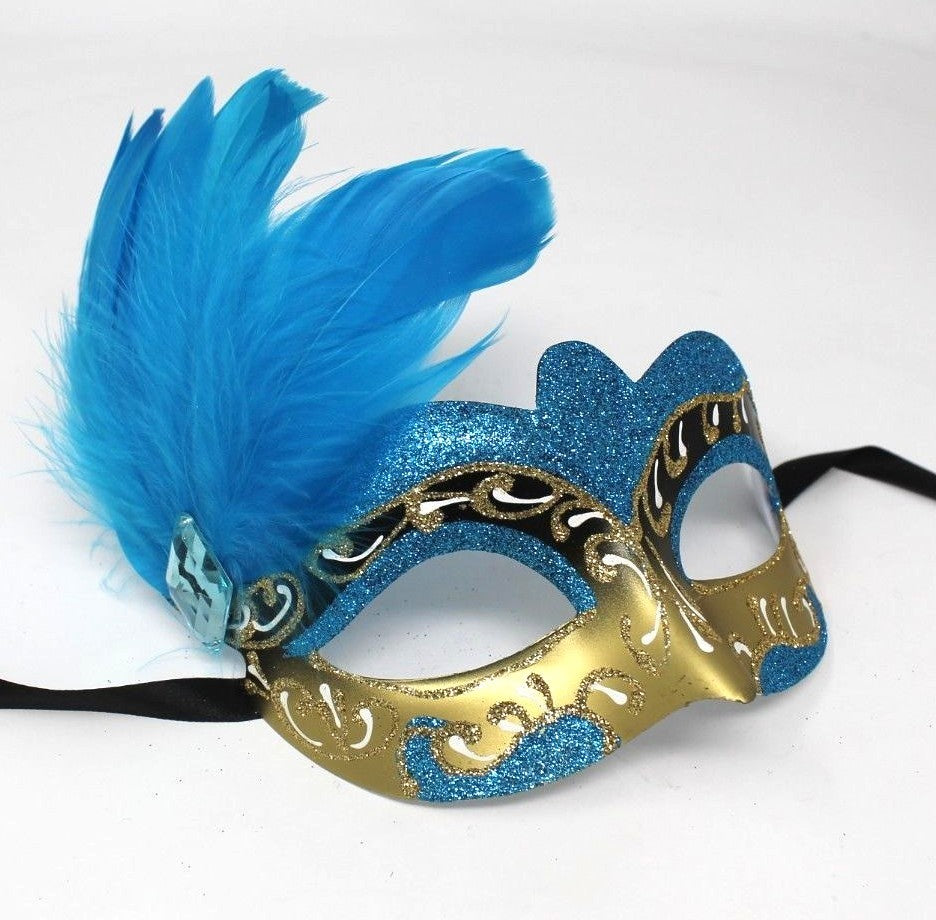 TURQUOISE BLUE & GOLD FEATHER  VENETIAN MASQUERADE BALL CARNIVAL PARTY EYE MASK