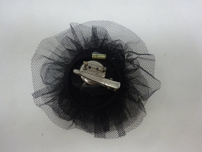 Hair Fascinator Corsage or Brooch Small Black Net Flower Elastic Clip & Pin