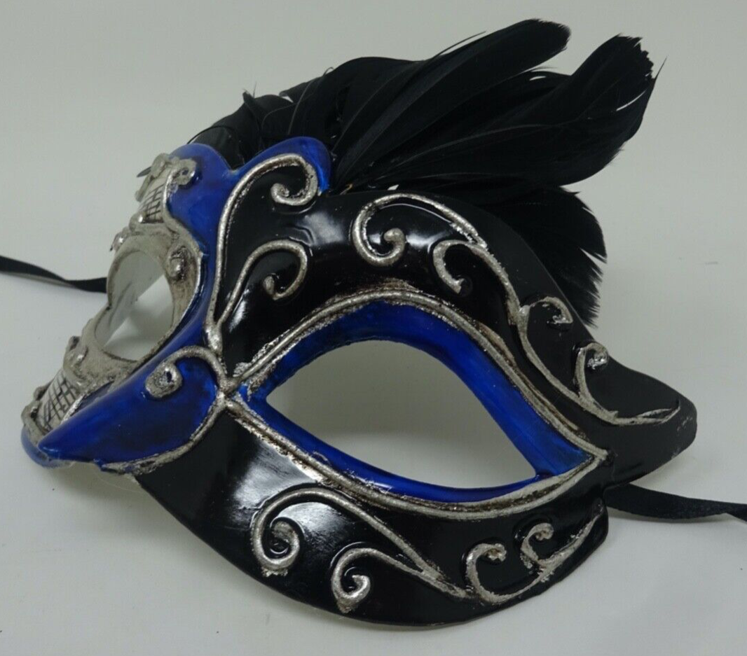 BLACK SILVER & BLUE MUSICAL NOTES VENETIAN MASQUERADE CARNIVAL BALL FEATHER MASK