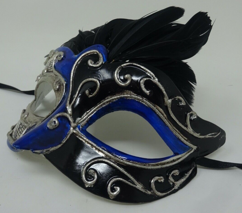 BLACK SILVER & BLUE MUSICAL NOTES VENETIAN MASQUERADE CARNIVAL BALL FEATHER MASK