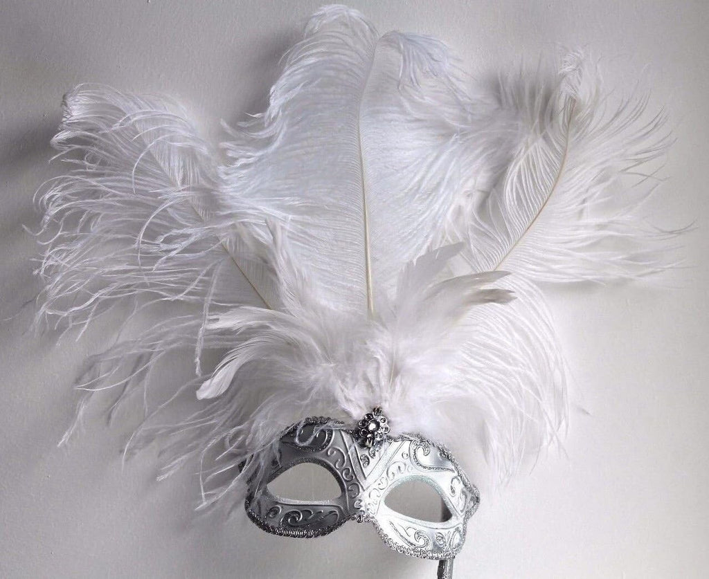 WHITE SILVER VENETIAN MASQUERADE PARTY CARNIVAL BALL EYE FEATHER MASK HAND HELD
