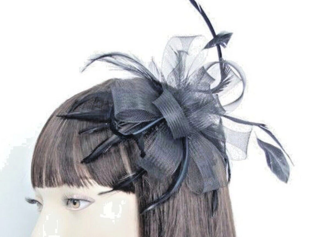 Large Black Looped Stiffened Net & Long Feather Fascinator on a Clear Comb