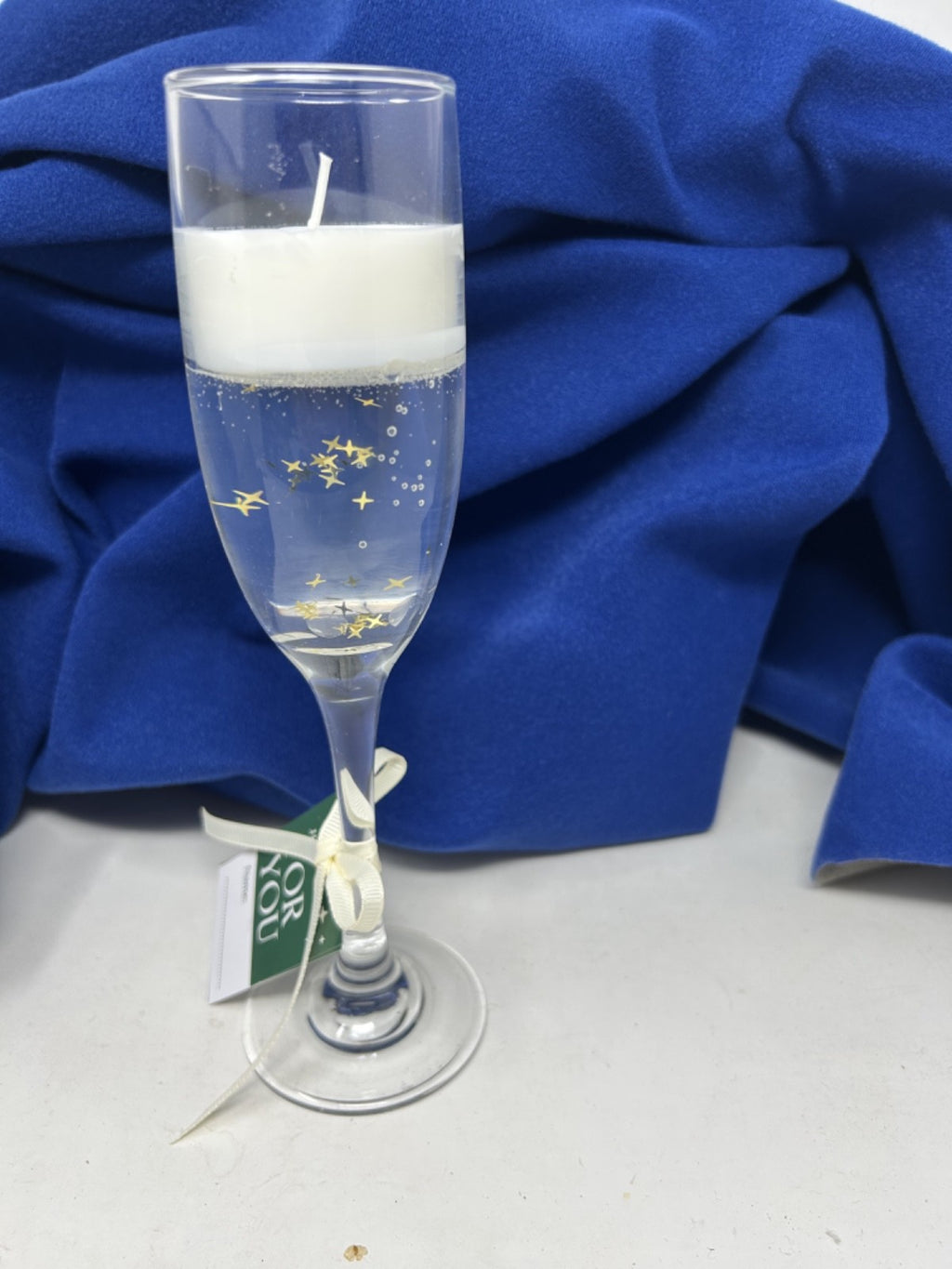 Christmas Champagne Glass Gel Candle Gold Stars & Bow 22cm Tall x 6cm Dia