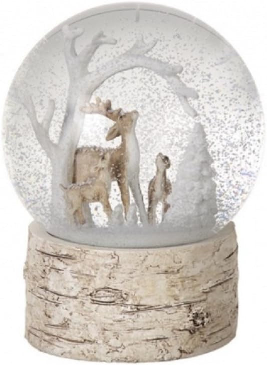 Christmas Snowy Scene Reindeer & Star Snow Globe Bark Effect Base 16cm Tall