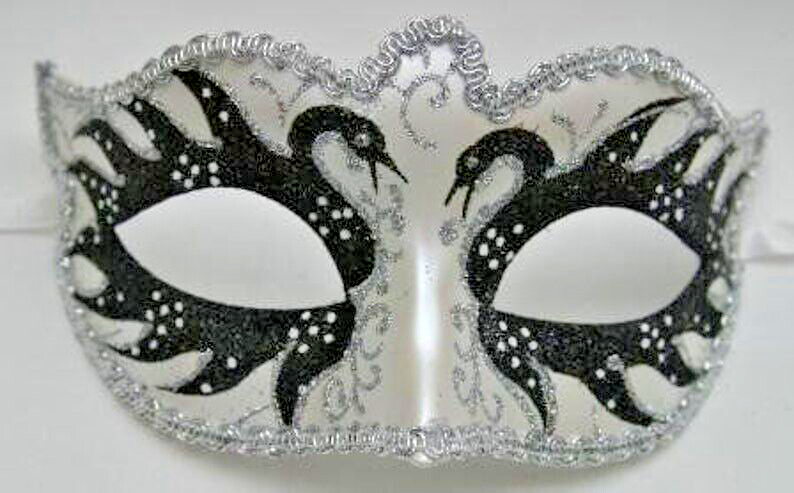 BLACK & SILVER PEARLISED WHITE VENETIAN MASQUERADE CARNIVAL BALL SWAN EYE MASK