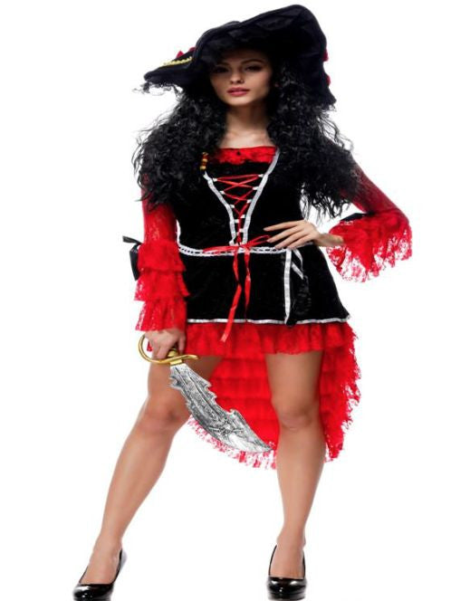 Ladies Sexy Lady Pirate Velour & Lace Elaborate Costume Dress & Hat Size 10-12