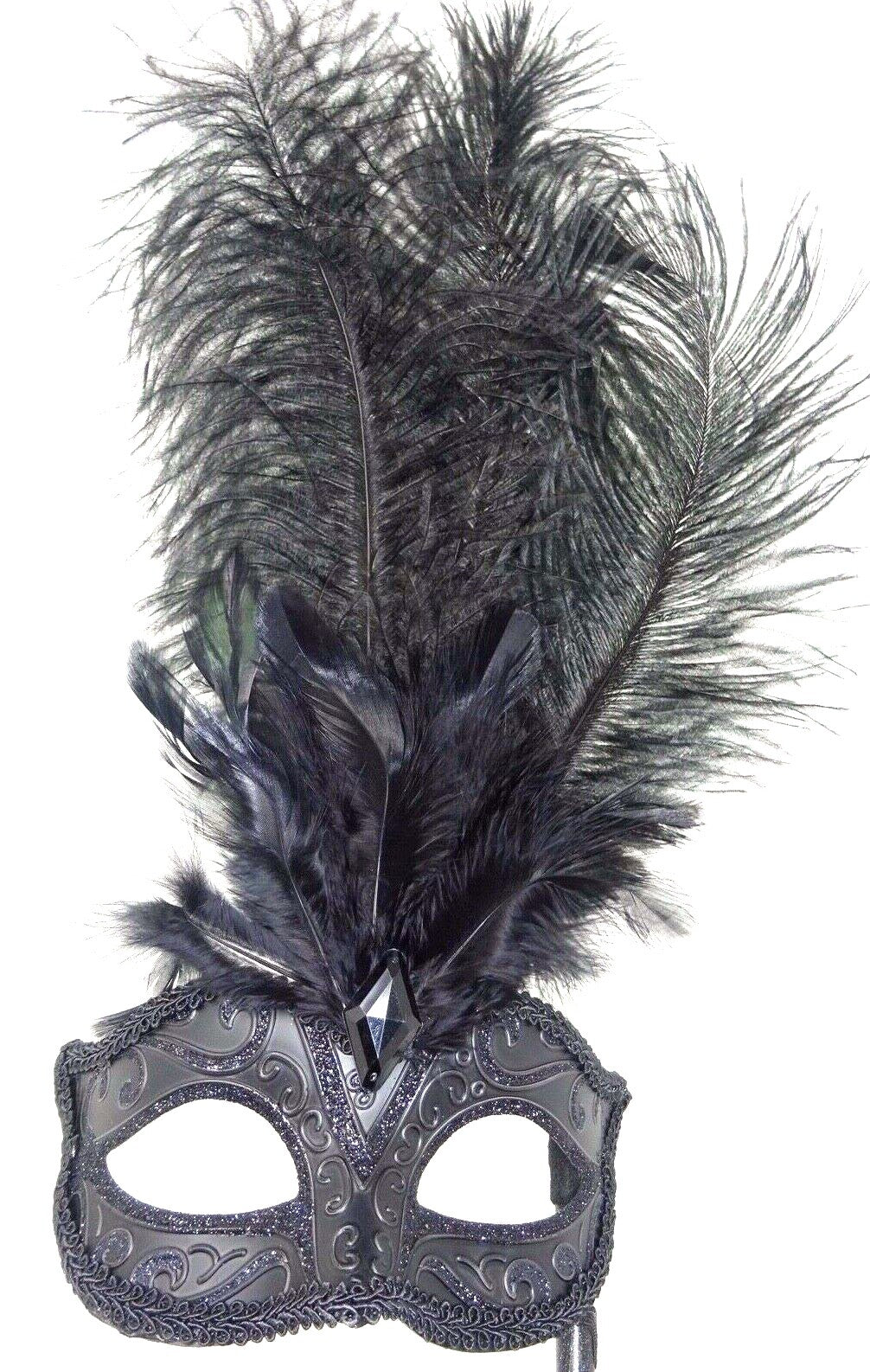 MIDNIGHT BLACK FEATHER HAND HELD MASK & STICK VENETIAN CARNIVAL MASQUERADE PARTY