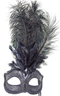 MIDNIGHT BLACK FEATHER HAND HELD MASK & STICK VENETIAN CARNIVAL MASQUERADE PARTY