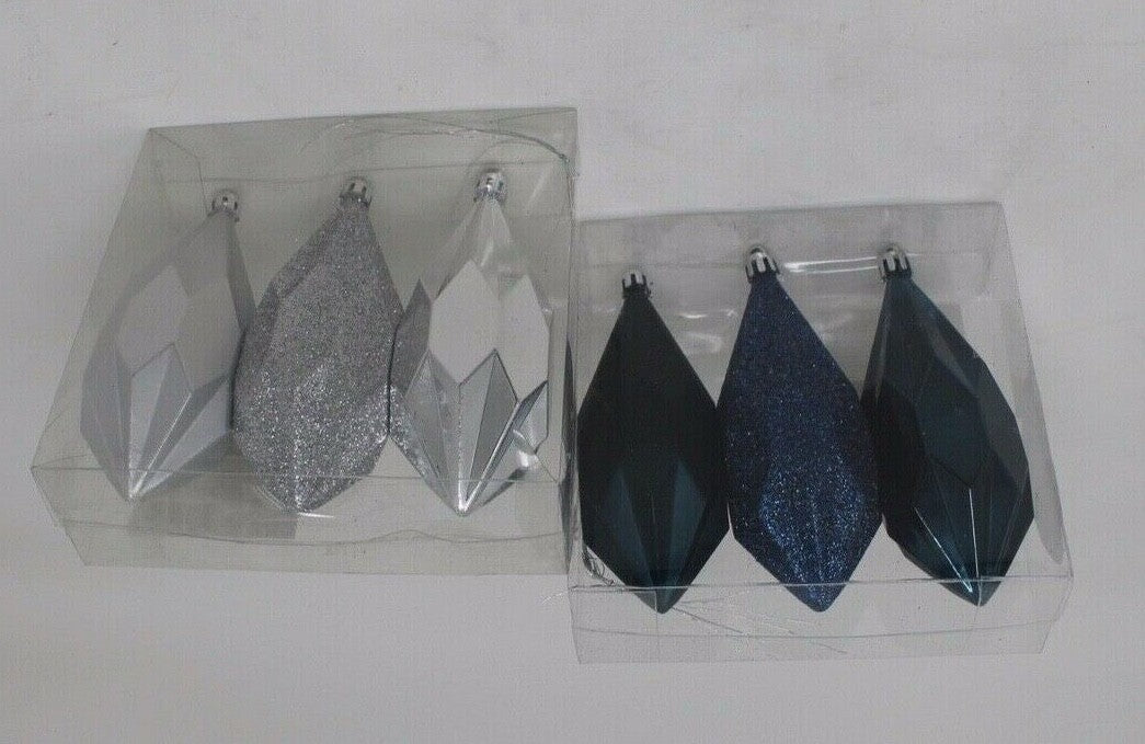 3 x Blue & 3 Silver Christmas Baubles Tree Hanging Decoration Ornament 14cm Tall