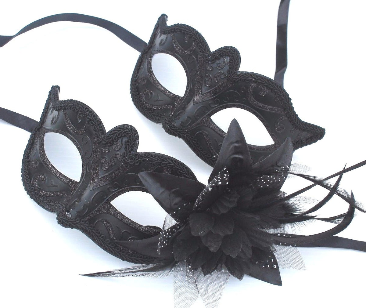 HIS N HERS PAIR COUPLES CO-ORDINATED BLACK VENETIAN MASQUERADE PARTY EYE MASKS