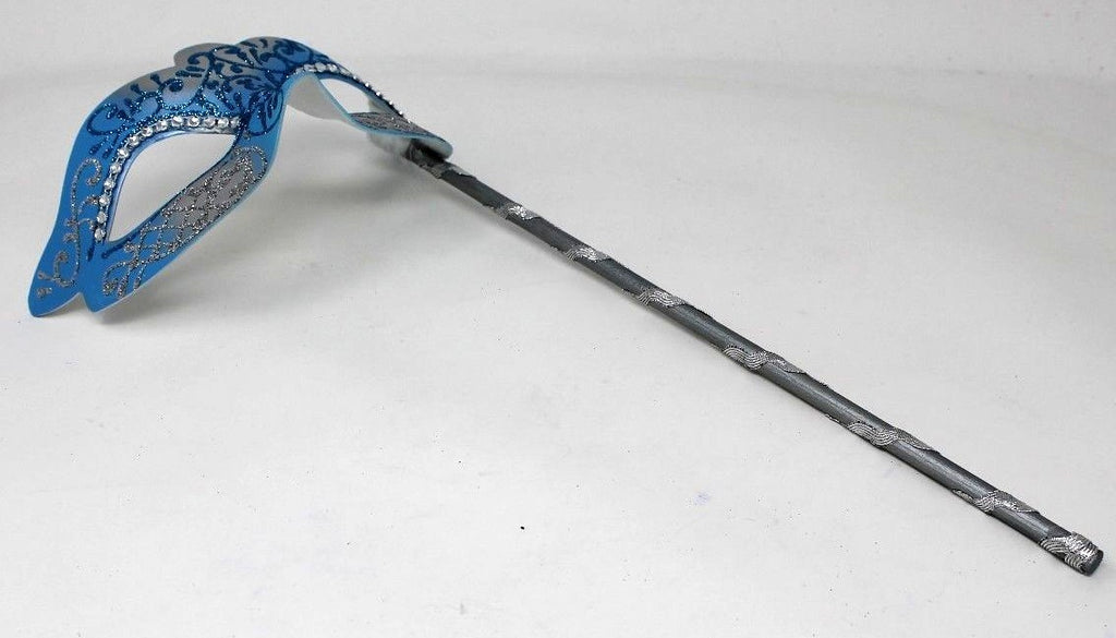 BLUE & SILVER VENETIAN MASQUERADE PARTY  MASK ON A HAND HELD STICK