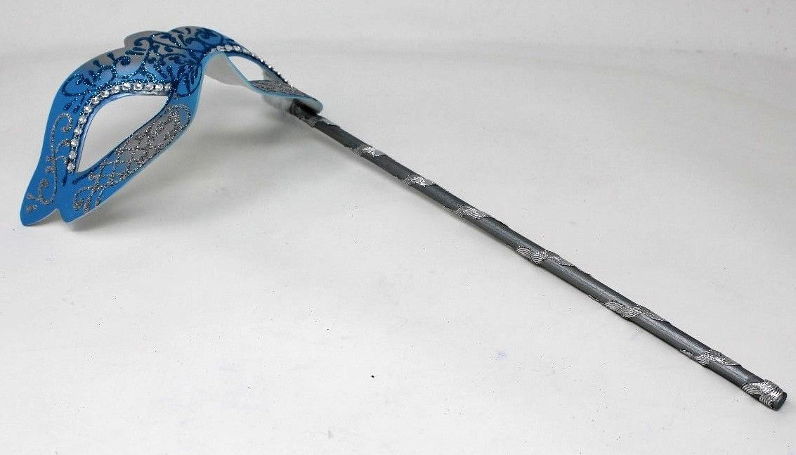 BLUE & SILVER VENETIAN MASQUERADE PARTY  MASK ON A HAND HELD STICK
