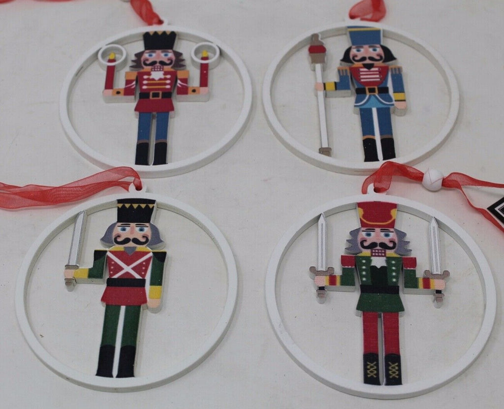 4 x Wooden Nutcracker Christmas Tree Decorations Ornaments With Hangers 9cm Dia