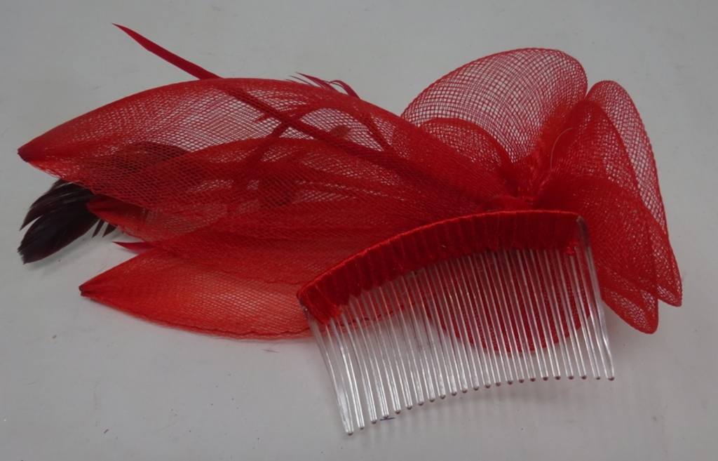 Red Fascinator Stiffened Net 3 Floral Rosettes & Petals Fine Feathers Clear Comb