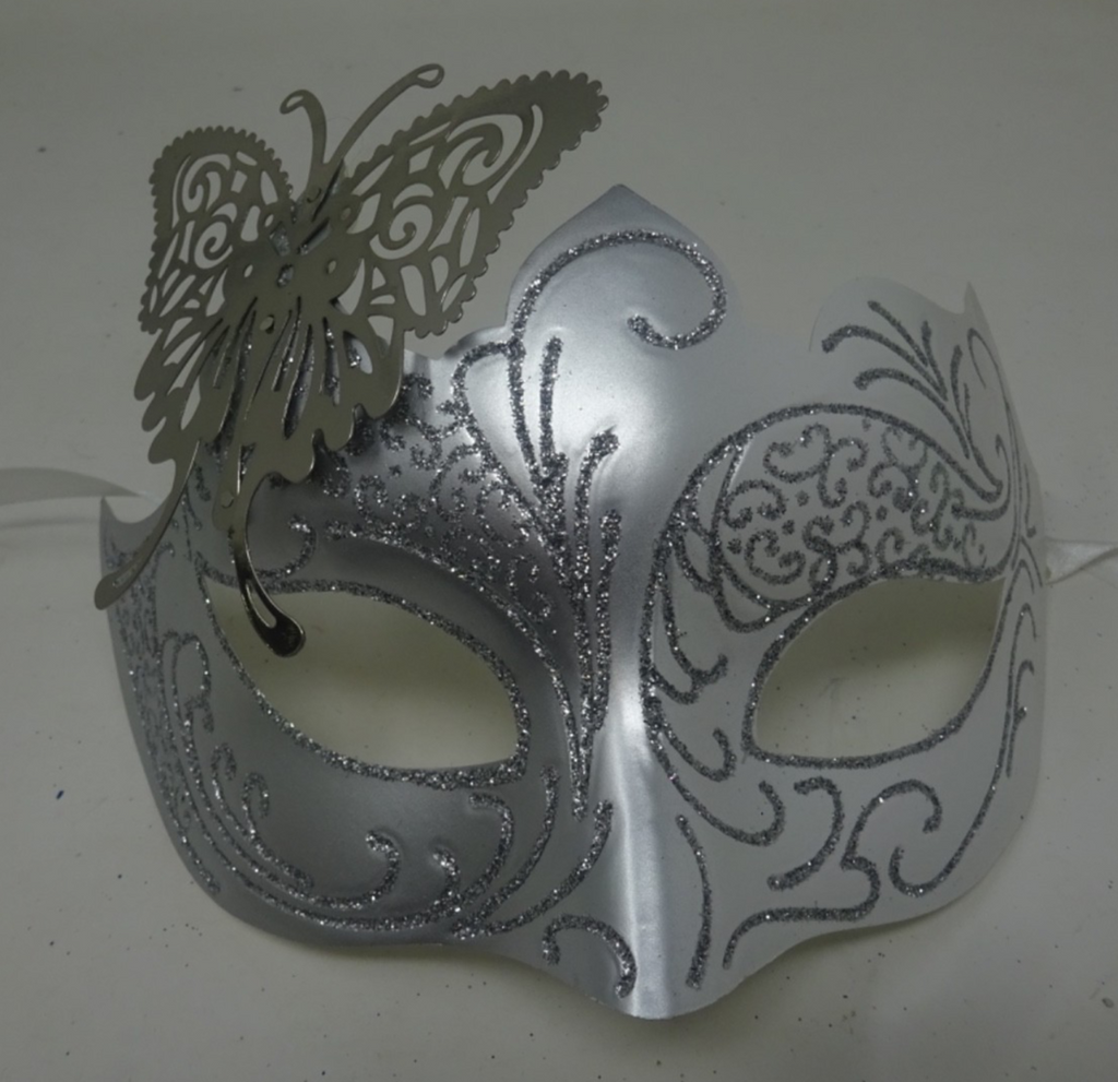 SILVER & WHITE VENETIAN MASQUERADE CARNIVAL PARTY BALL PROM EYE MASK & BUTTERFLY