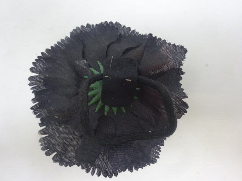 Black Hair Fascinator Flower Serrated Petals on Pony Tail Elastic Ideal Funeral