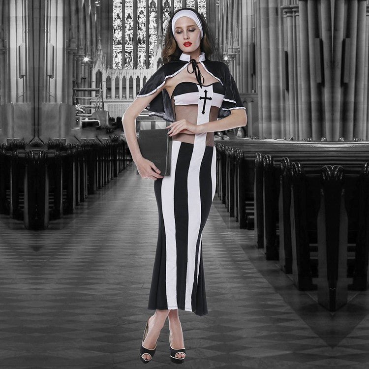Ladies Sexy Nun Sister Church Costume 3 Piece Dress Wimple & Thong Size 10-12
