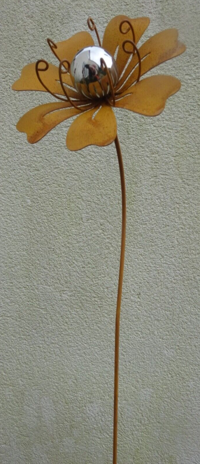 Rusty Patina Metal Flower Lily Garden Stake with Stamens & Silver Ball 1m  Tall