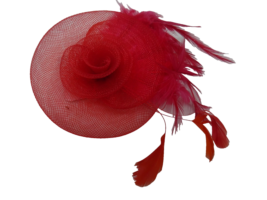 Red Corsage Brooch Fascinator Stiffened Net Floral Rosette Mixed Fine Feathers